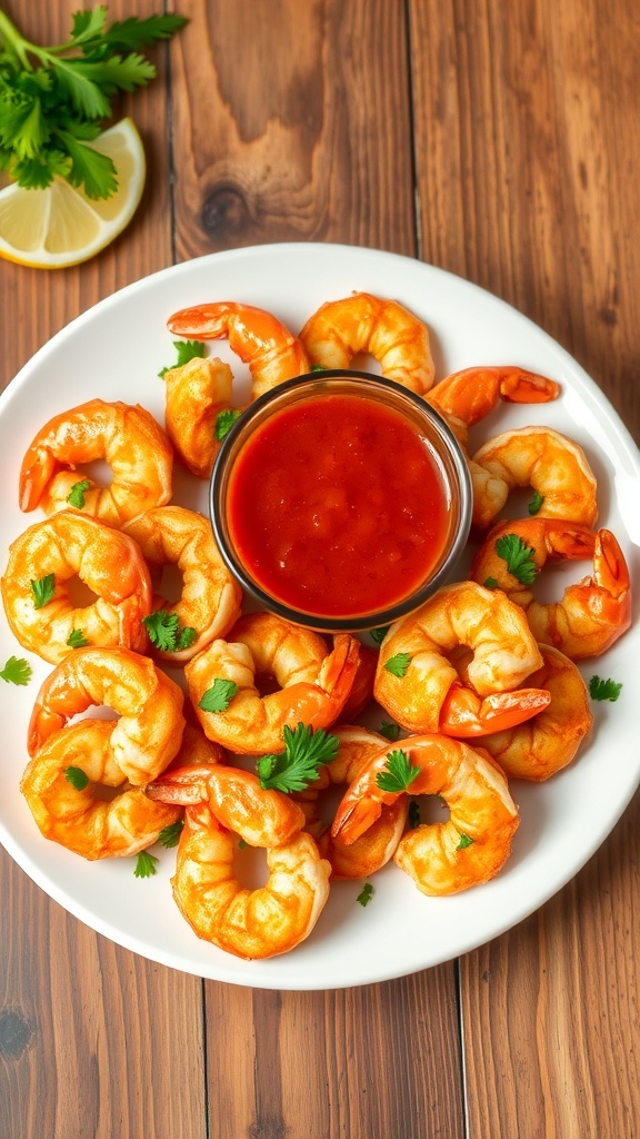 Crispy Air Fryer Shrimp Recipe (Gluten-Free) Crispy air fryer shrimp garnished with parsley and served with cocktail sauce on a rustic table.